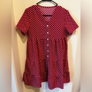 Red and white polka dot babydoll style dress